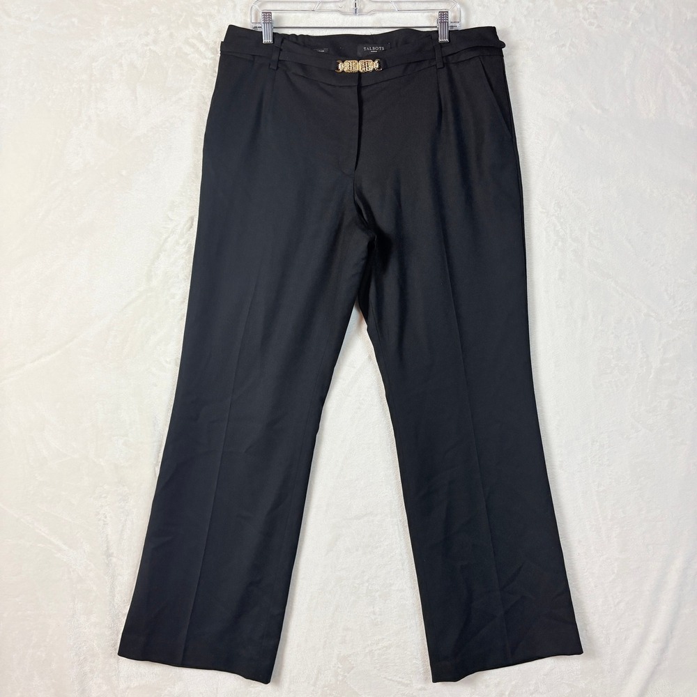 Talbots Pants Women Sz 14 Black Heritage Straight Leg Belted Gold Buckle Detail